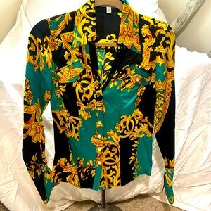 Cache teal , gold and black filigree blouse